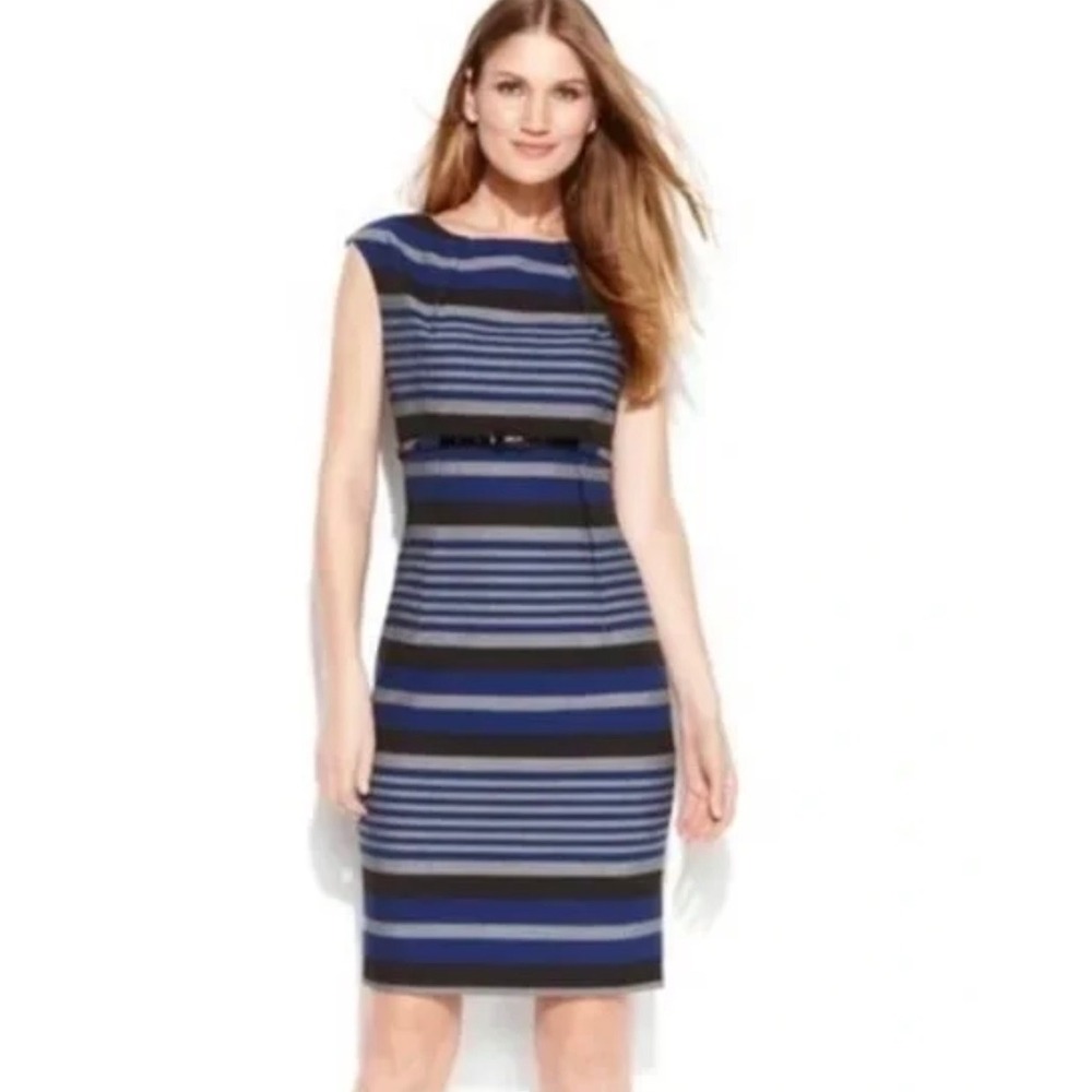 Calvin Klein Blue Black Striped Belted Sheath Dress 18W Sleeveless Office Wear